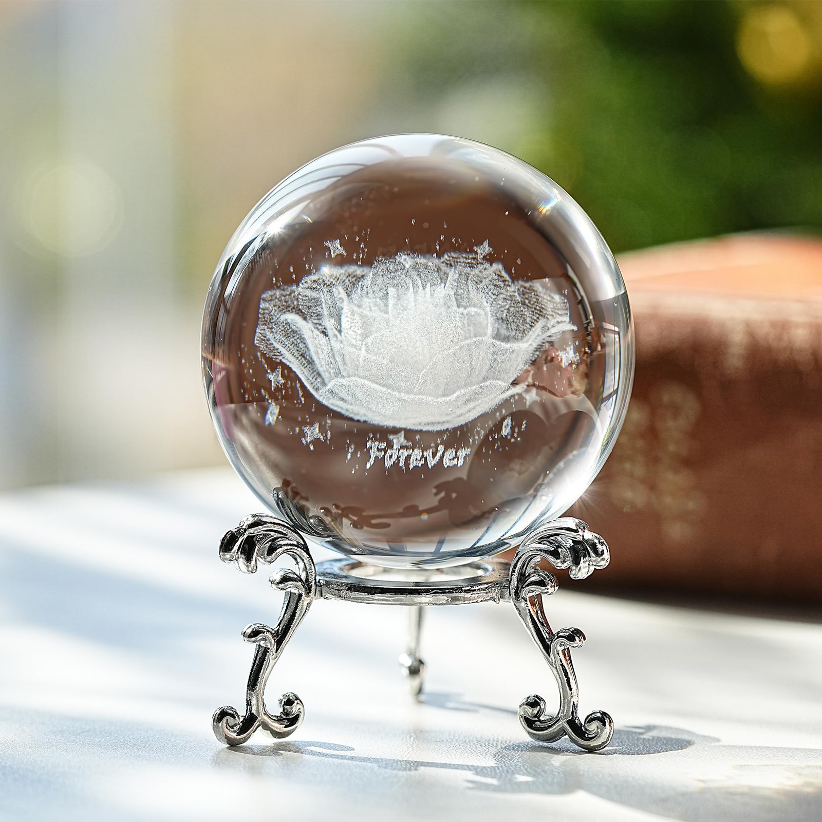 60mm 3D Inner Engraved Rose Flower Crystal Ball Paperweight with Sliver Stand gallery
