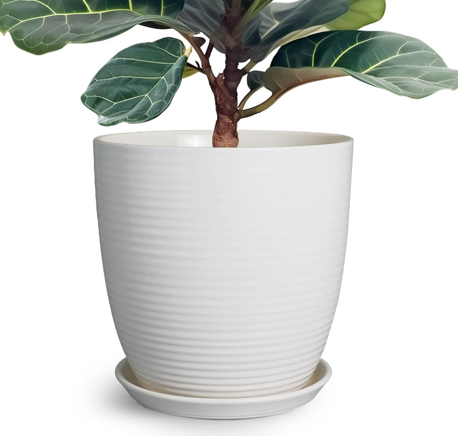 10 Inch Ceramic Planter Pot, Large Planter with Drainage Hole and Saucer Roun... gallery