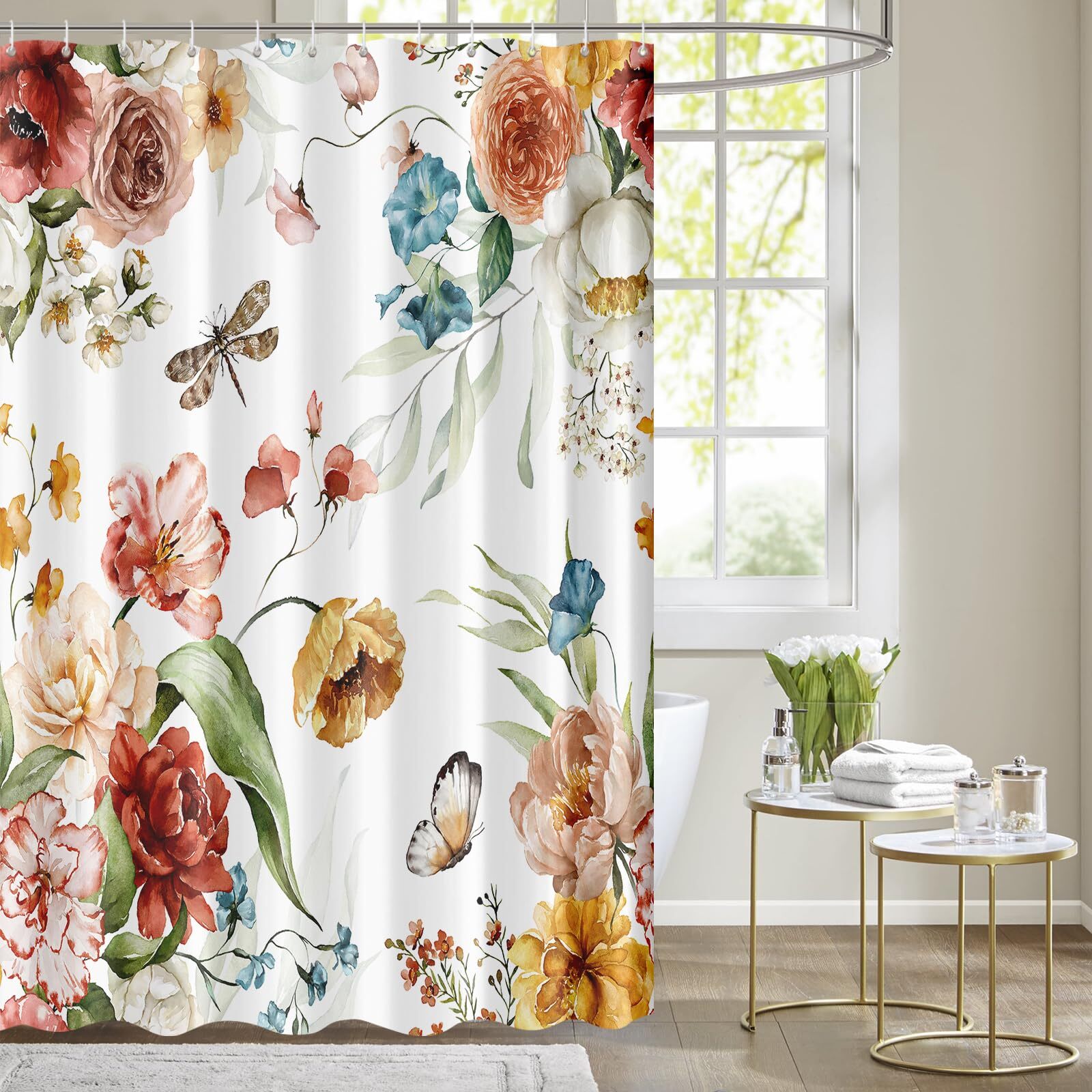 Rustic Blooming Red Yellow Floral Shower Curtain Colorful Watercolor Leaves w... gallery