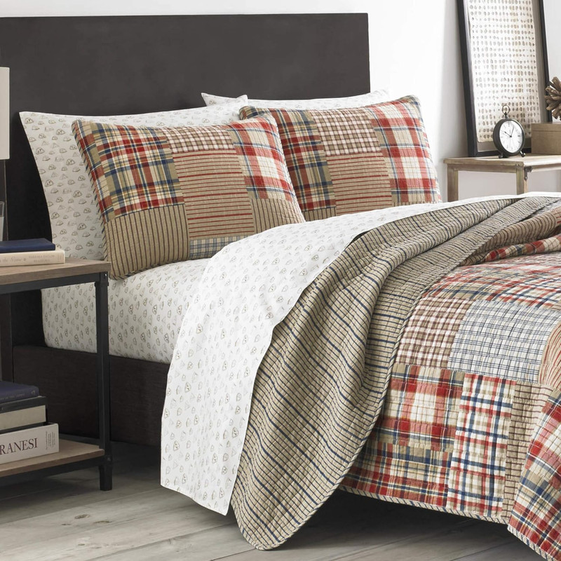 King Quilt Set Reversible Cotton Bedding Patchwork Shams Rustic Brown Indigo3pc gallery