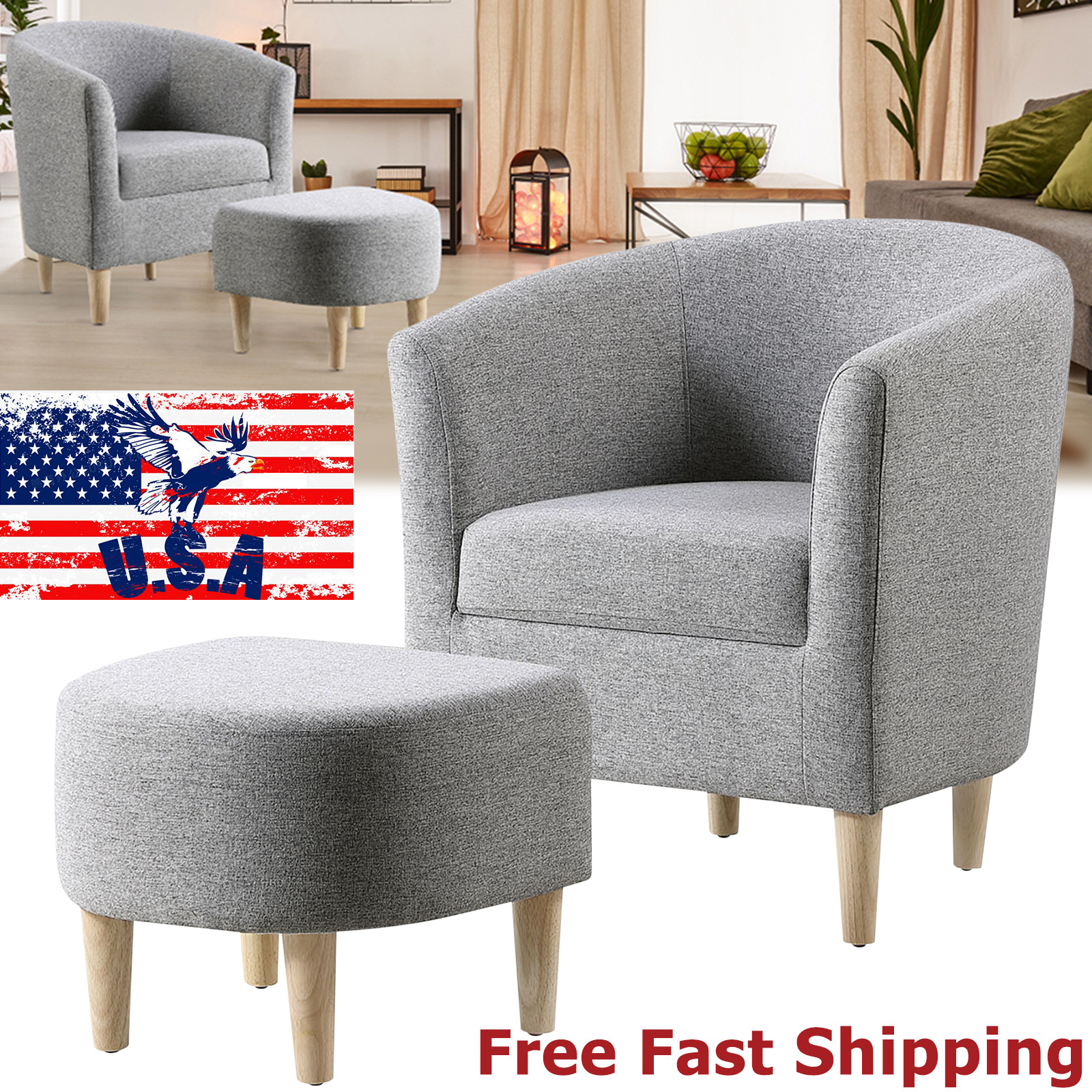 Upholstered Arched Back Sofa Linen Blend Club Comfy Accent Armchair w/ottoman gallery