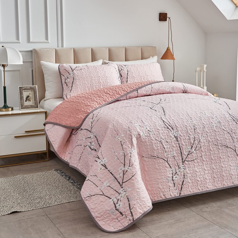 UOZZI BEDDING 3 Pieces Reversible Pink Branch Quilt Queen(88x88), gallery
