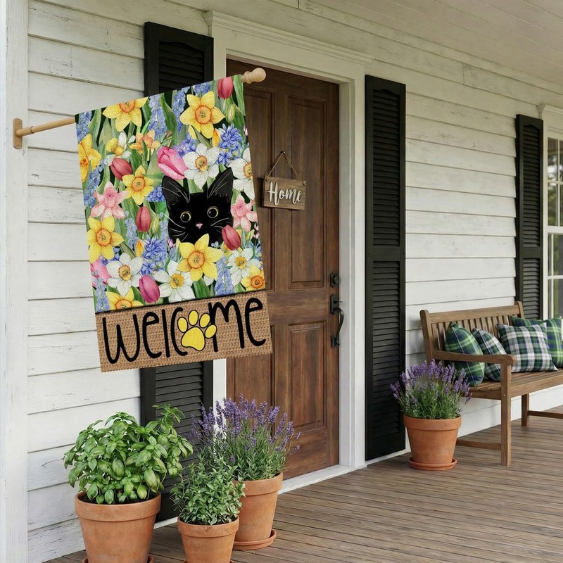 Spring Summer House Flag Black Cat Double Sided 28X40 Inches Large Burlap Welcom gallery