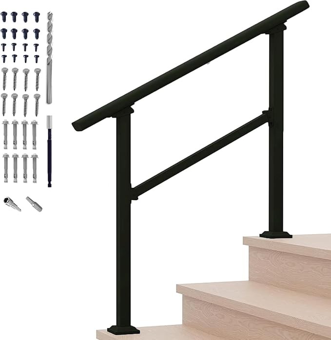 Black 3 Step Straight Handrail for Outdoor Steps Stair Railing Kit gallery