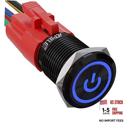 16mm Latching Push Button Switch 0.63" 12V Power Symbol Ring Blue/ Black Shell