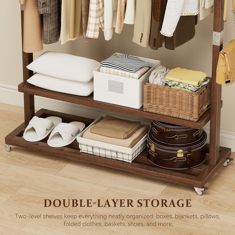 Versatile Solid Wood Clothes Rack with Wheels & Shelves - 220 Lb Capacity gallery