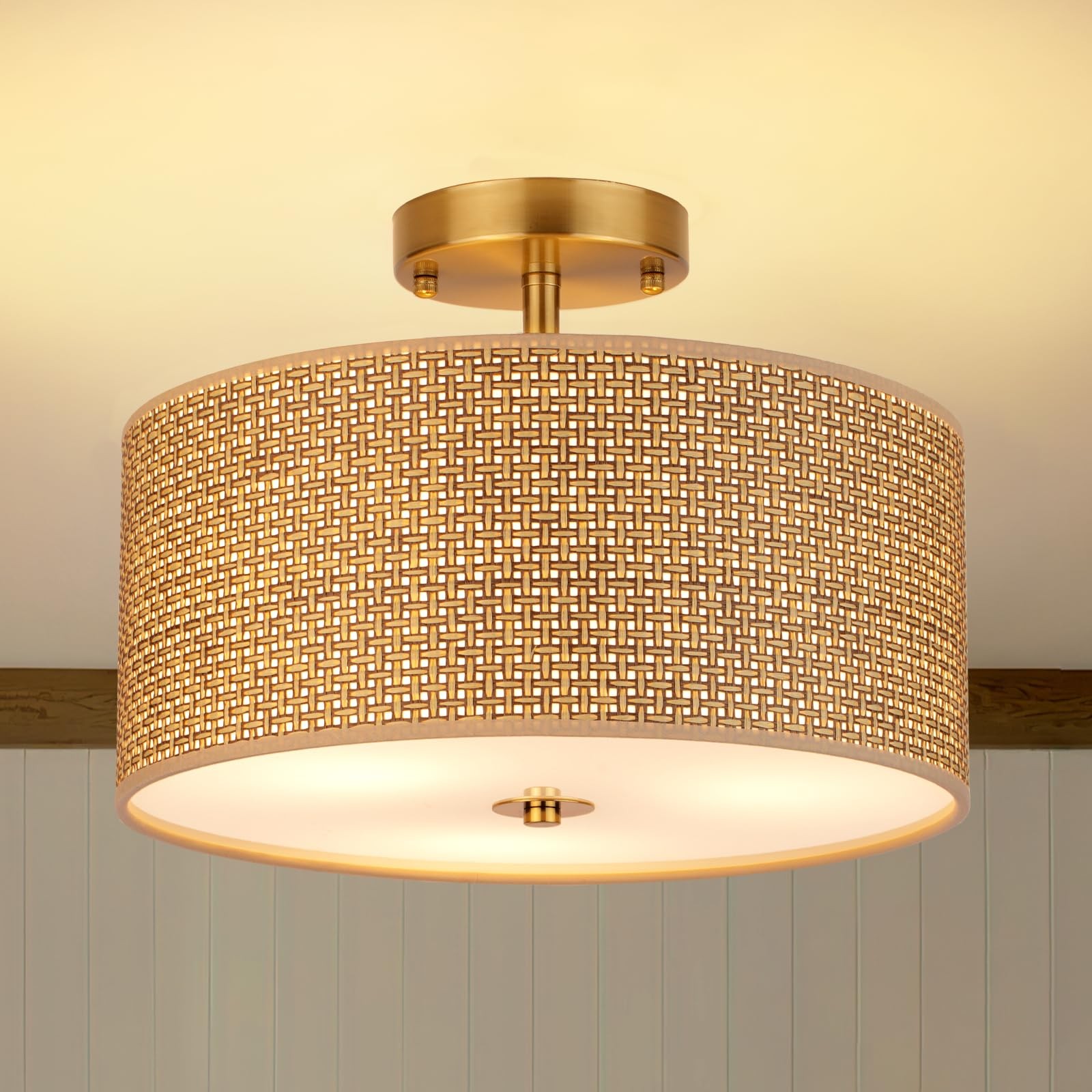 13" Woven Rattan Boho Ceiling Light Fixture, 3-Light Modern Semi Flush Mount gallery
