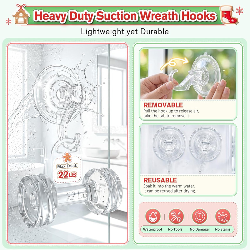 Wreath Hanger, Large Suction Cup Wreath Hooks, Heavy Duty, 22 LB Capacity gallery