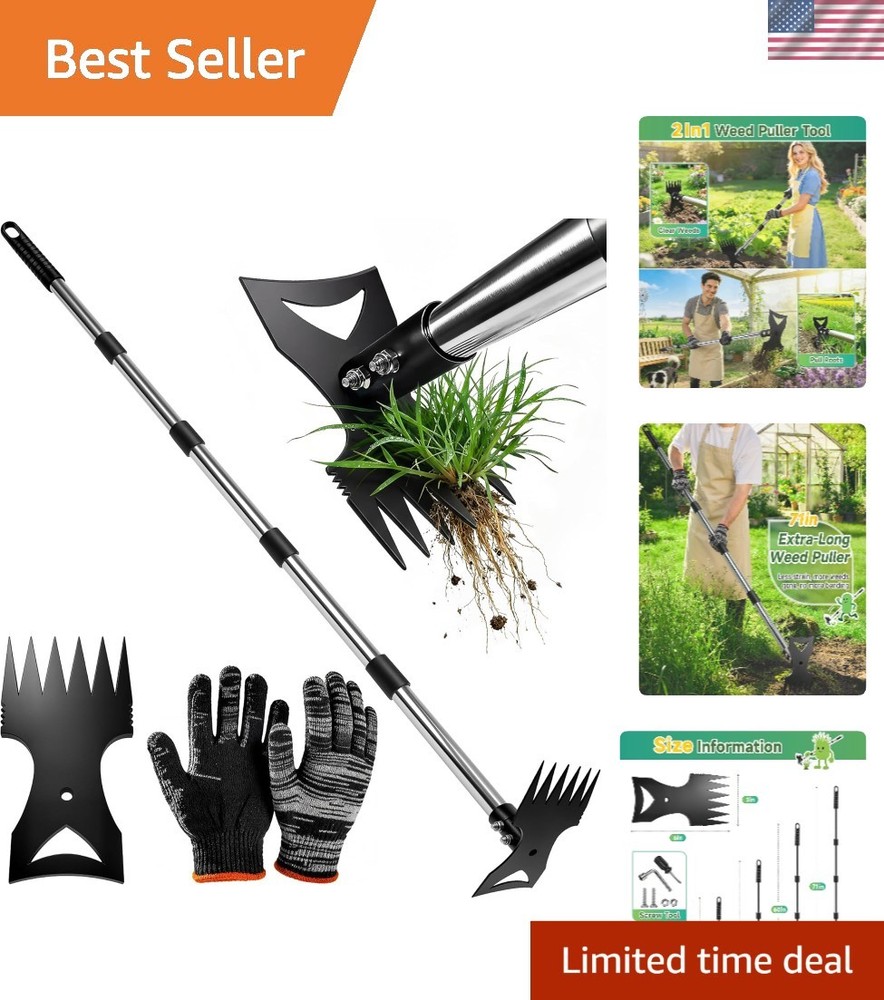 71" Weed Puller Tool with Long Handle, 2-in-1 Weed Rake & Garden Hoe, Stand Up W