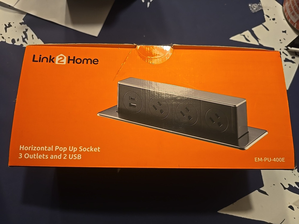 Link2Home Horizontal Pop-Up Socket 3 Grounded Outlets 2 USB 6ft Awg