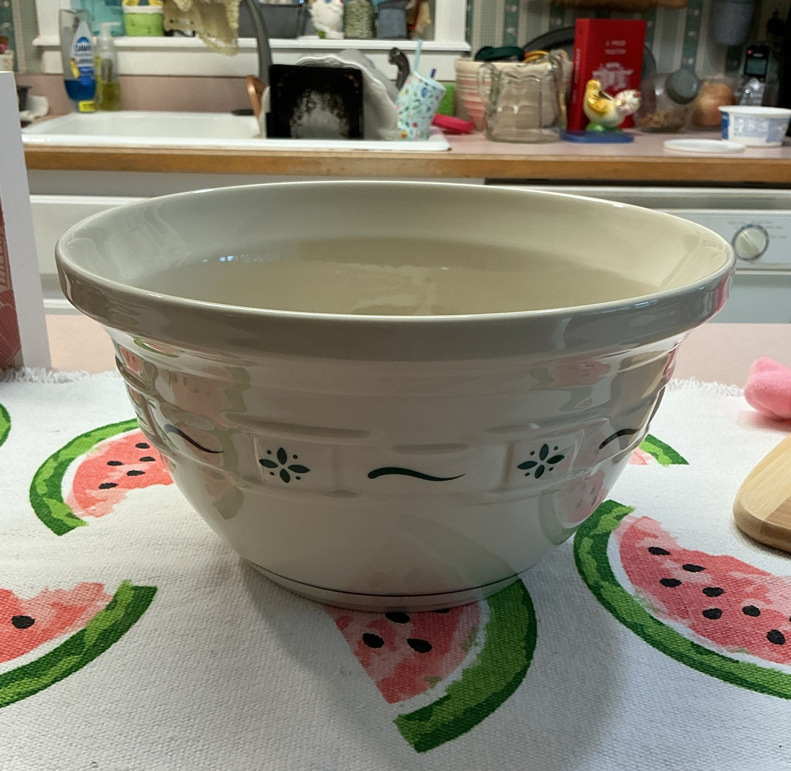 Longaberger Pottery 9in Ceramic Mixing Bowl White/Green Floral, Oven/MW Safe gallery