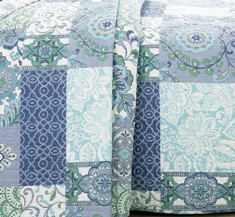 Quilt Set Twin Patchwork Floral Blue Green Reversible Cotton 2 Piece Bedding gallery