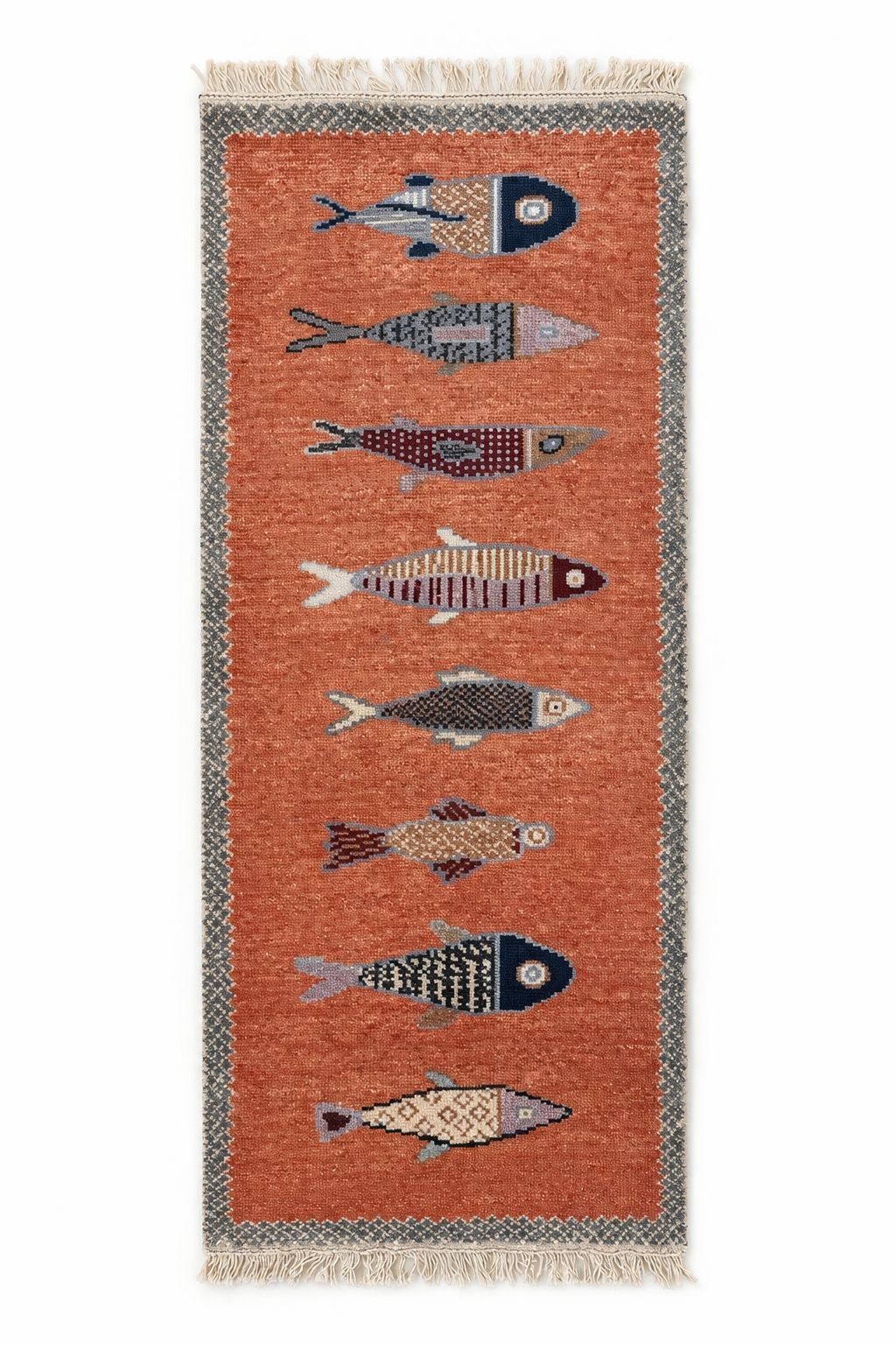 Boho Fish Runner Rug, Coastal Folk Art Carpet, Terracotta Orange Tribal Design gallery
