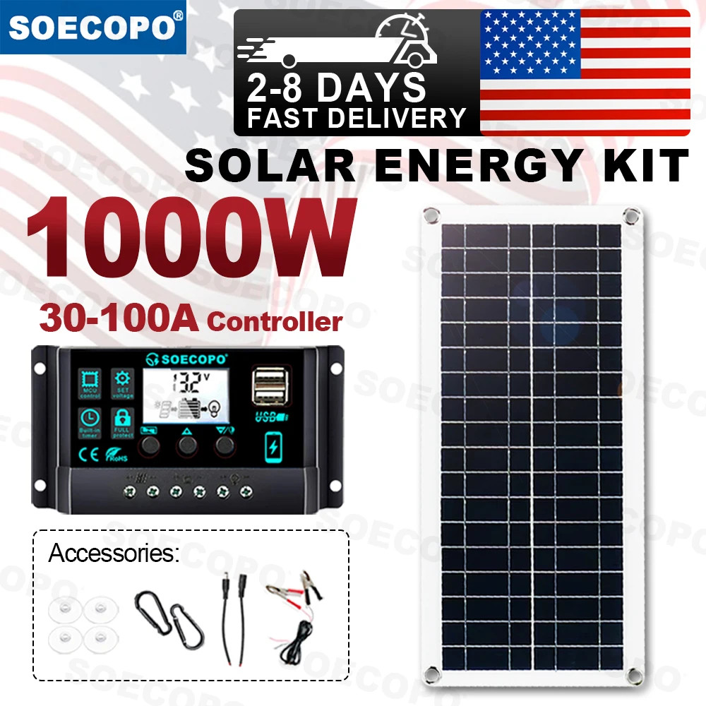 1000 Watt Monocrystalline Flexible Solar Power System 18V with 100A Controller