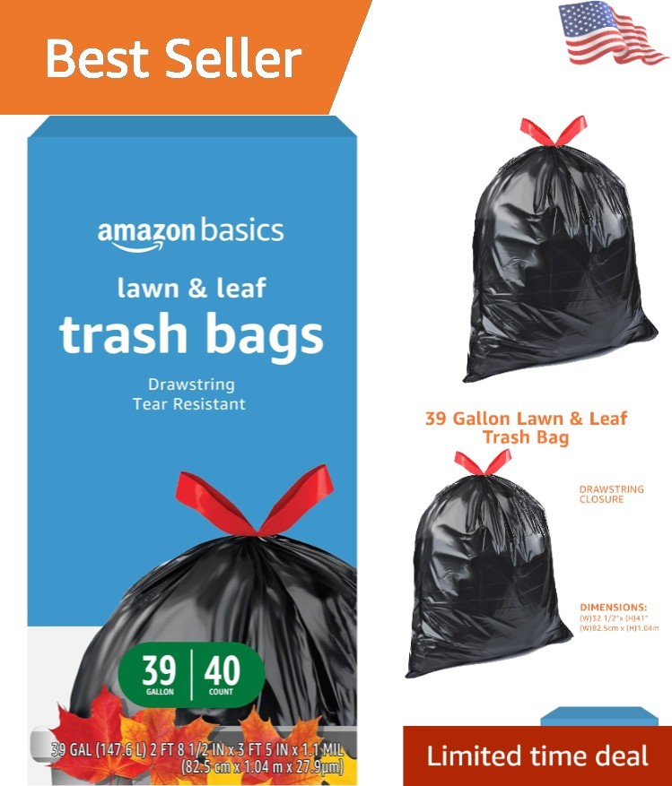 Tear-Resistant Lawn & Leaf Drawstring Trash Bags - 39 Gal, 40 Pack, Unscented