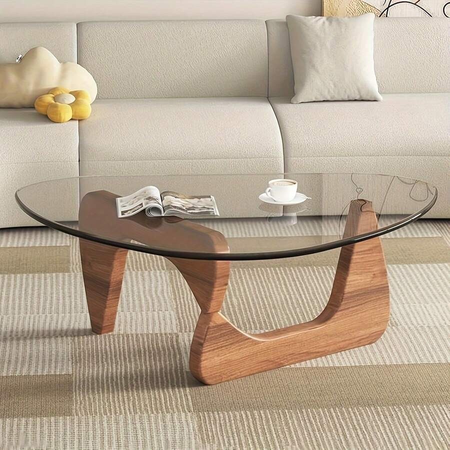 Walnut Wood & Glass Coffee Table, Triangular/Oval Modern Living Room Table gallery