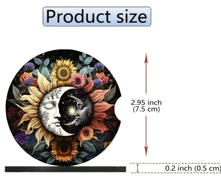 Sun and Moon Celestial Design Car Coasters 2 Pieces Durable Rubber Washable gallery