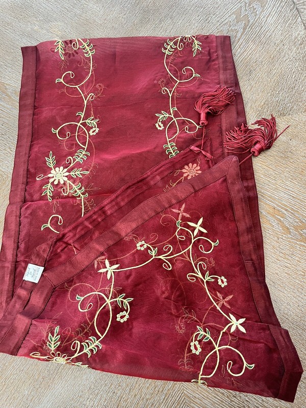 Table Runner Burgundy Embroidered Beaded Silk 84”X 15” With Tassels gallery