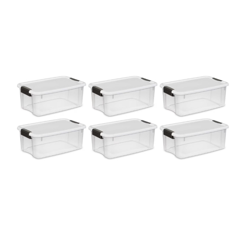 Sterilite 18 Qt Clear Plastic Stackable Storage Bin w/ White Latch Lid, (6 Pack)