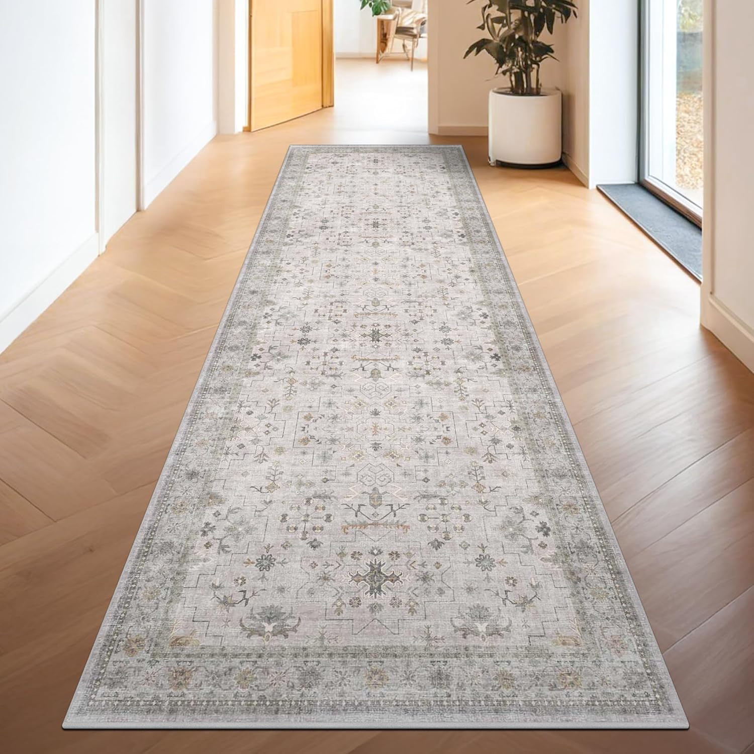Light Gray Kitchen Rug 12 Ft Long - Modern Boho Eclectic Floral Geometric Decor, gallery