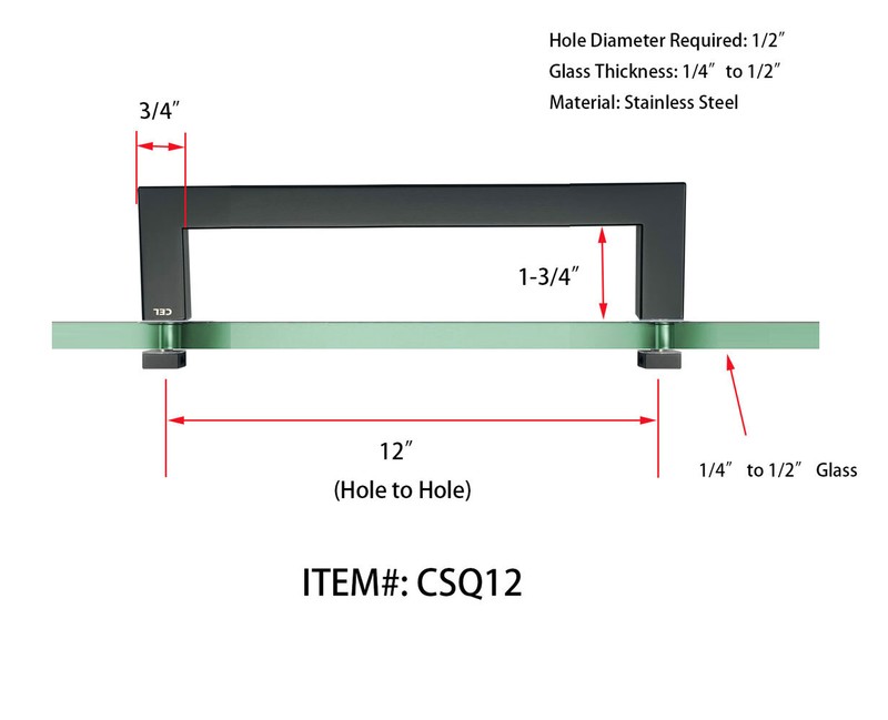 CEL 12" Square Tubing Singled-Sided Pull Handle or Towel Bar for shower door gallery