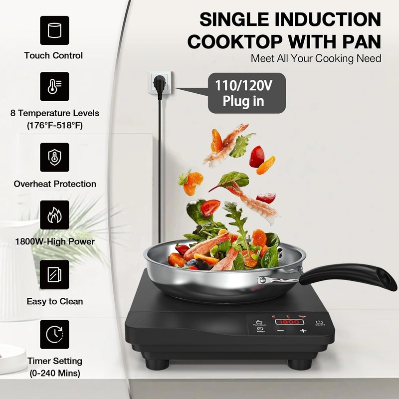 14" Electric Induction Cooktop Single Burner Cooker w/ 10" Fry Pan 1800W 110V gallery