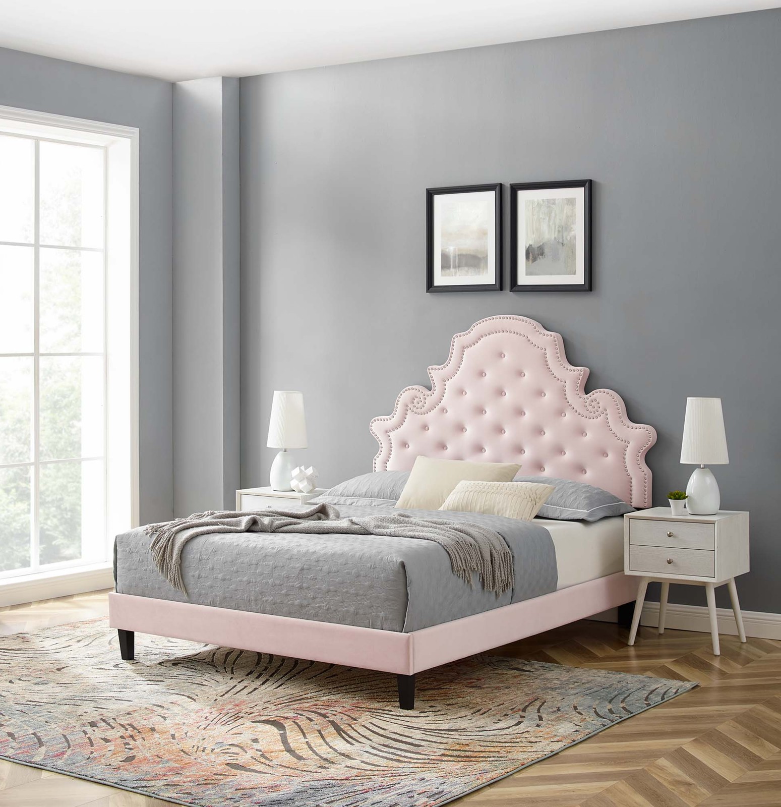 Modway Gwyneth Tufted Performance Velvet Queen Platform Bed in Pink gallery