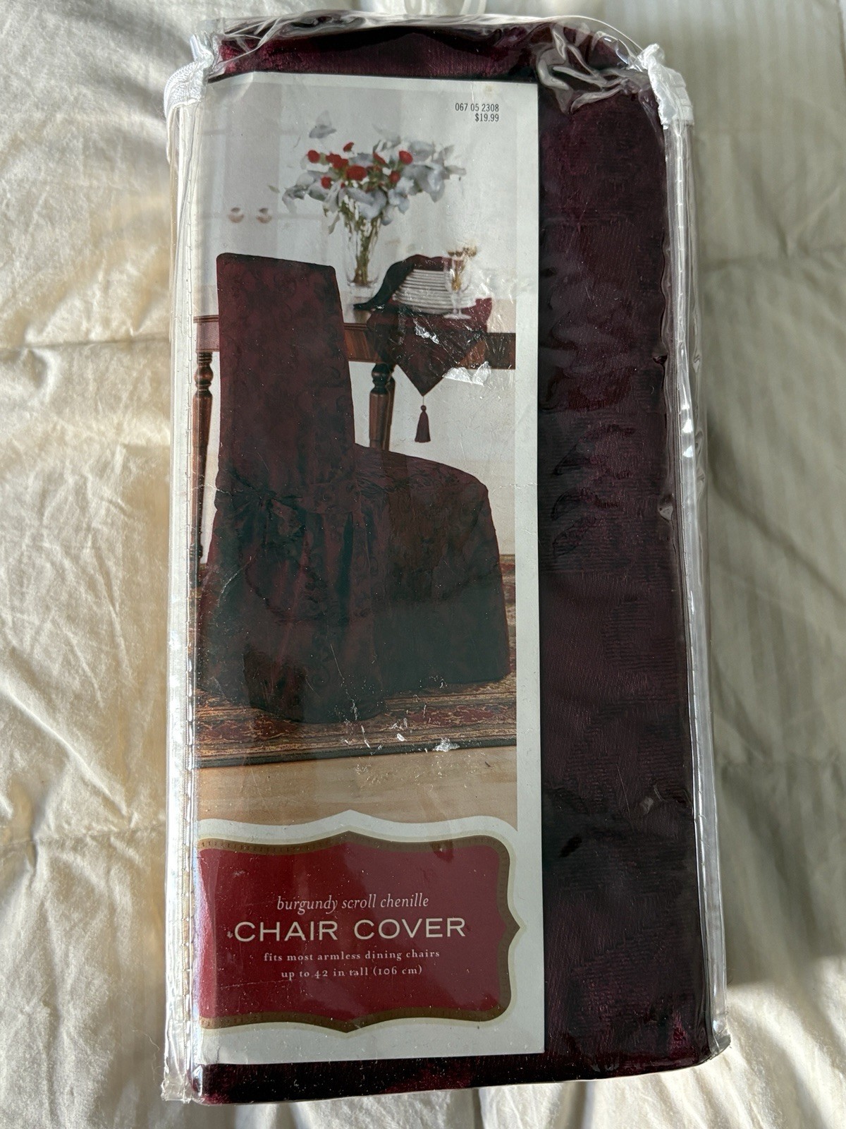 NEW Armless Chair Cover Burgundy Scroll Dining Room Chenille Paisley Cloth gallery