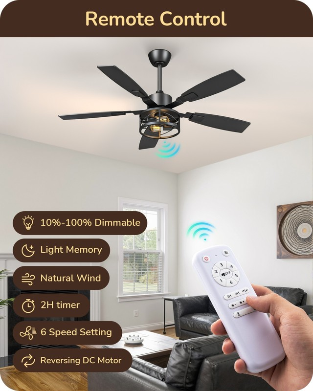 52" Rustic Caged Fandelier Dimmable LED Fan Remote Reversible DC Motor Timer gallery
