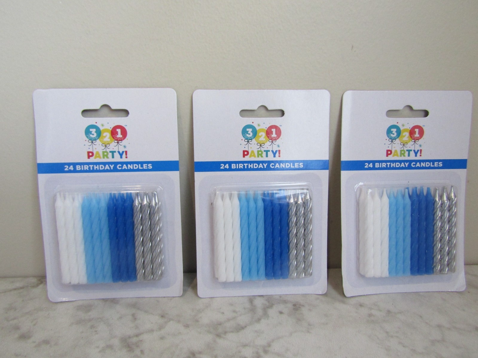 NIB 321 PARTY! Blue, White, Silver Spiral Birthday Party Candles Lot of 3 Packs gallery