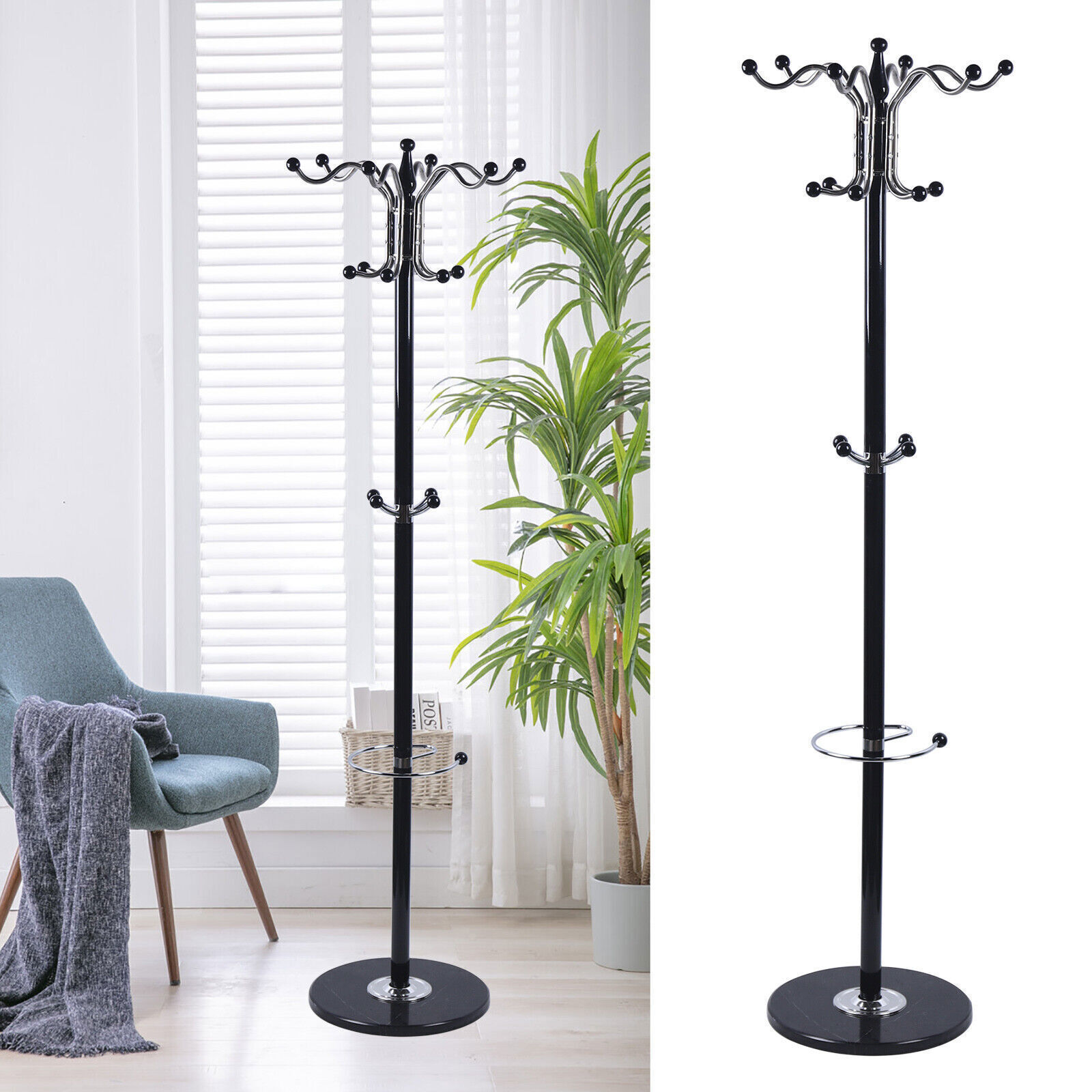 Heavy Duty Coat Rack Hat Bag Stand Tree Clothes Hanger Holder 16-Hook Organizer gallery