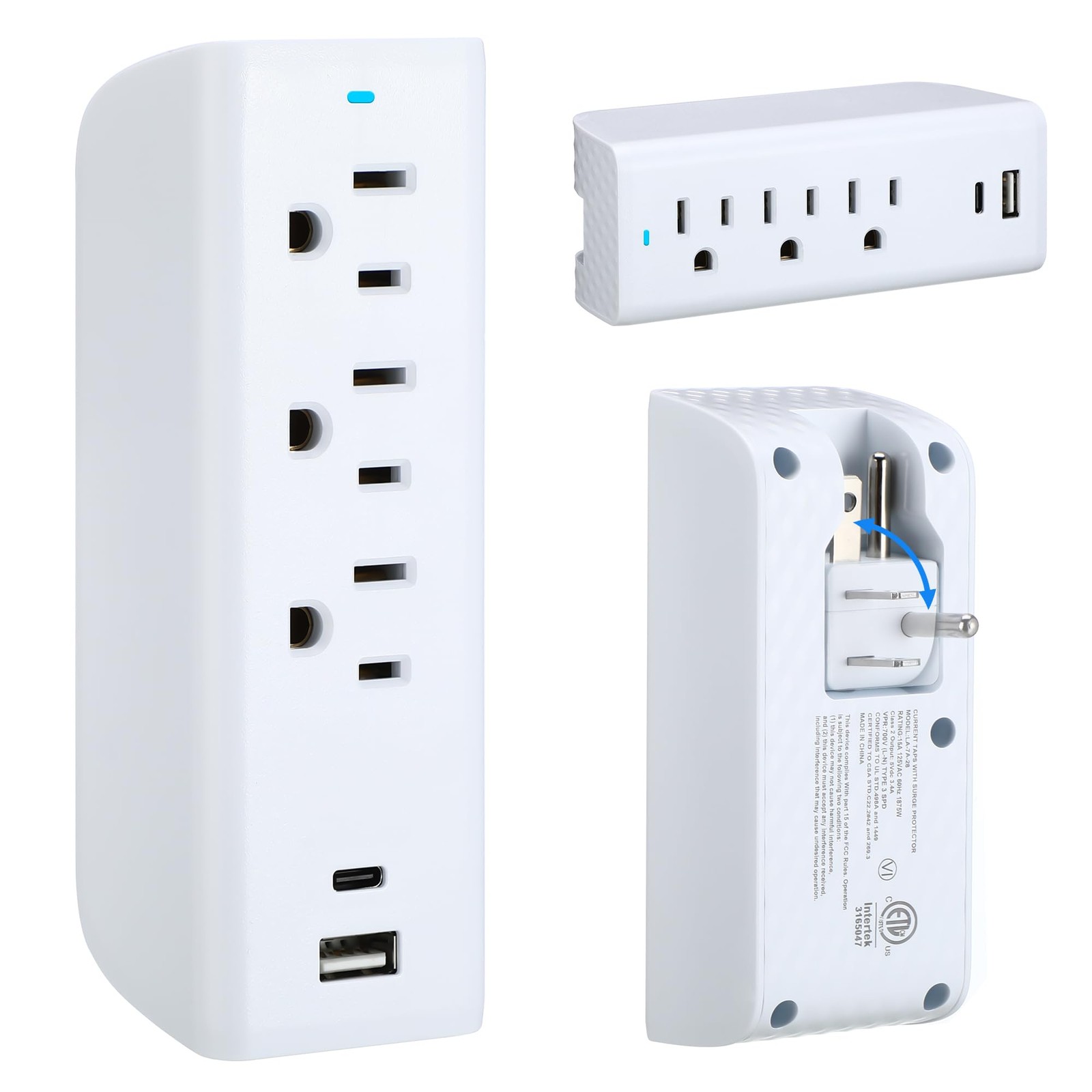 Multi Plug Outlet Extender, 3 AC+2 USB A and C Ports Power Strip with Indicat... gallery