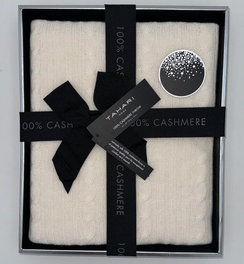 Tahari Pure Cashmere Throw Blanket Cable Knit Ivory Off White; NIB gallery