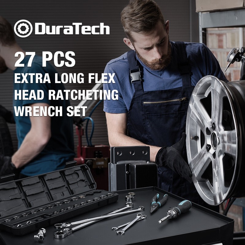 DURATECH Extra Long Flex Head Ratcheting Wrench Set 27PCS 8-22mm Socket Adapters gallery
