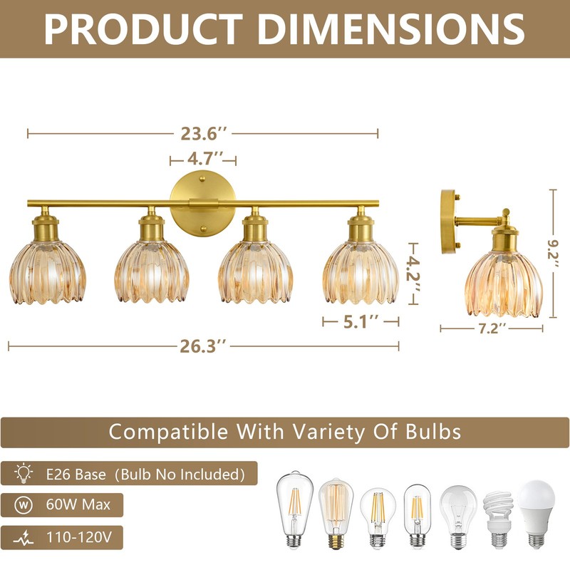 Premium 4-Light Copper Vanity Light with Amber Glass Shades,Adjustable E26 gallery