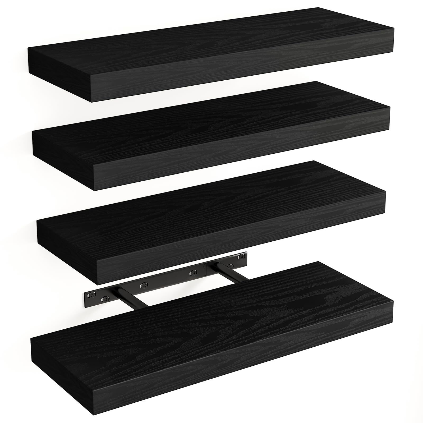 Black Wall Mounted Floating Shelves Rustic Wood Set of 4 15.8-Inch Storage gallery
