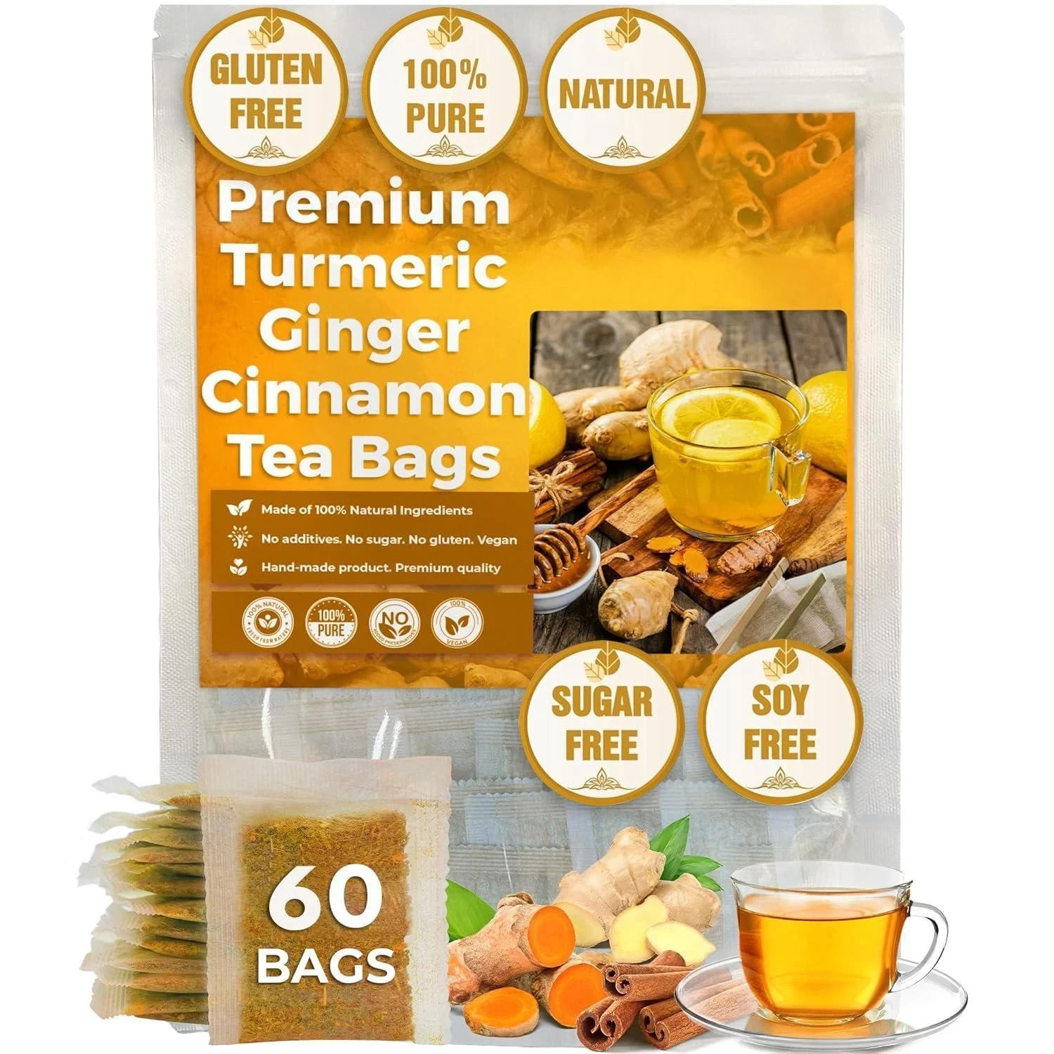 Premium Turmeric Ginger Cinnamon Tea Bags, 100% Natural &No Additive Support gallery