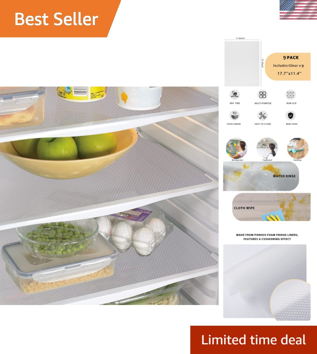 9 Pack Washable Waterproof Fridge Liners and Drawer Mats, Refrigerator Shelvi... gallery