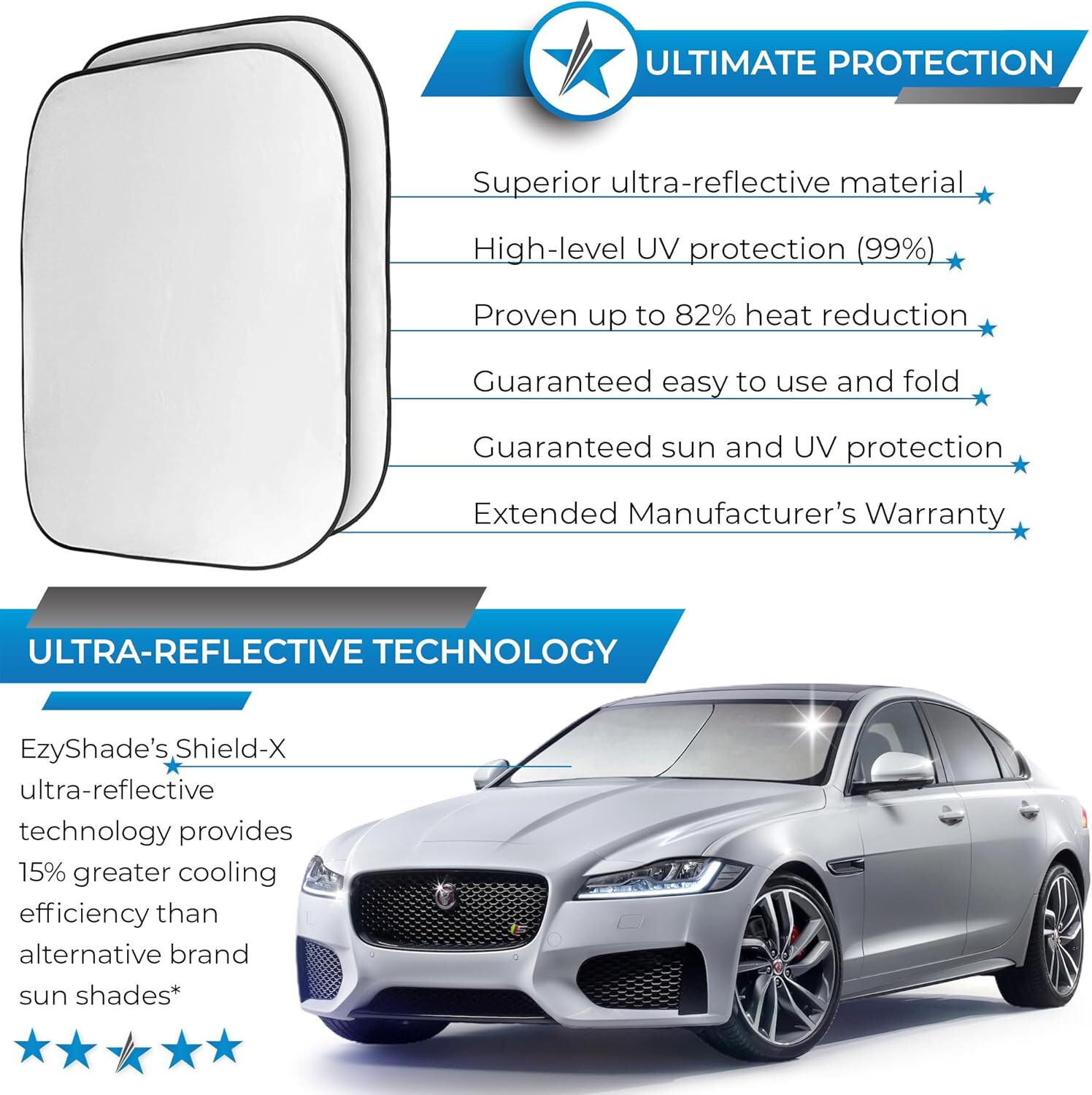 EzyShade Windshield Sun Shade w/ Shield-X Reflective Technology. See Size-Chart gallery