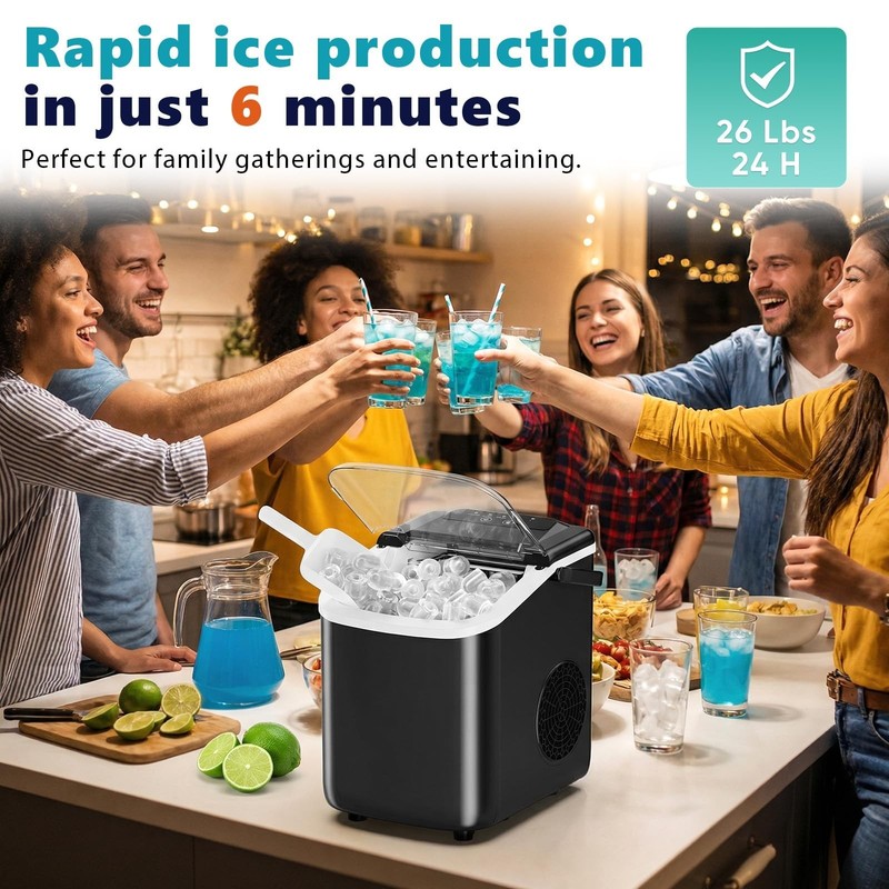 Portable Ice Maker Machine - 9 Cubes in 6 Mins, 26.5lbs/24Hrs, Scoop & Basket, I gallery