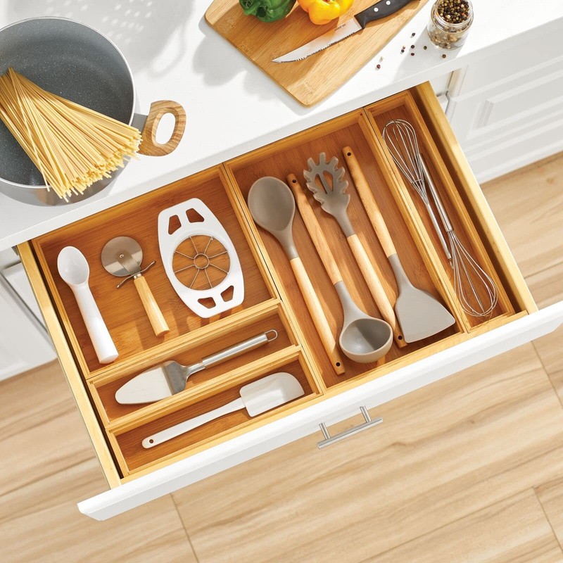 mDesign Bamboo Wood Stackable Drawer Organizer Bin Box 12 x 9 x 2, Natural gallery