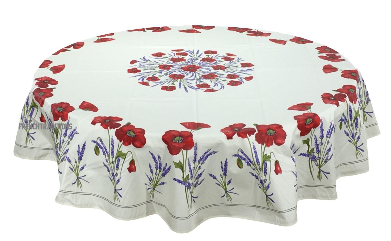 French Provencal Coated Cotton Tablecloth Poppies Lavender White Round 71" FR gallery