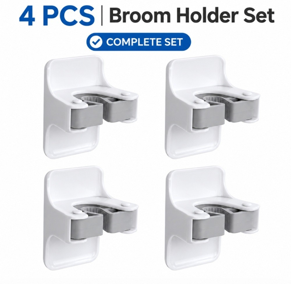 4-Pack Self-Adhesive Broom Holder Set – Wall-Mounted Mop and Broom Gripper Racks gallery