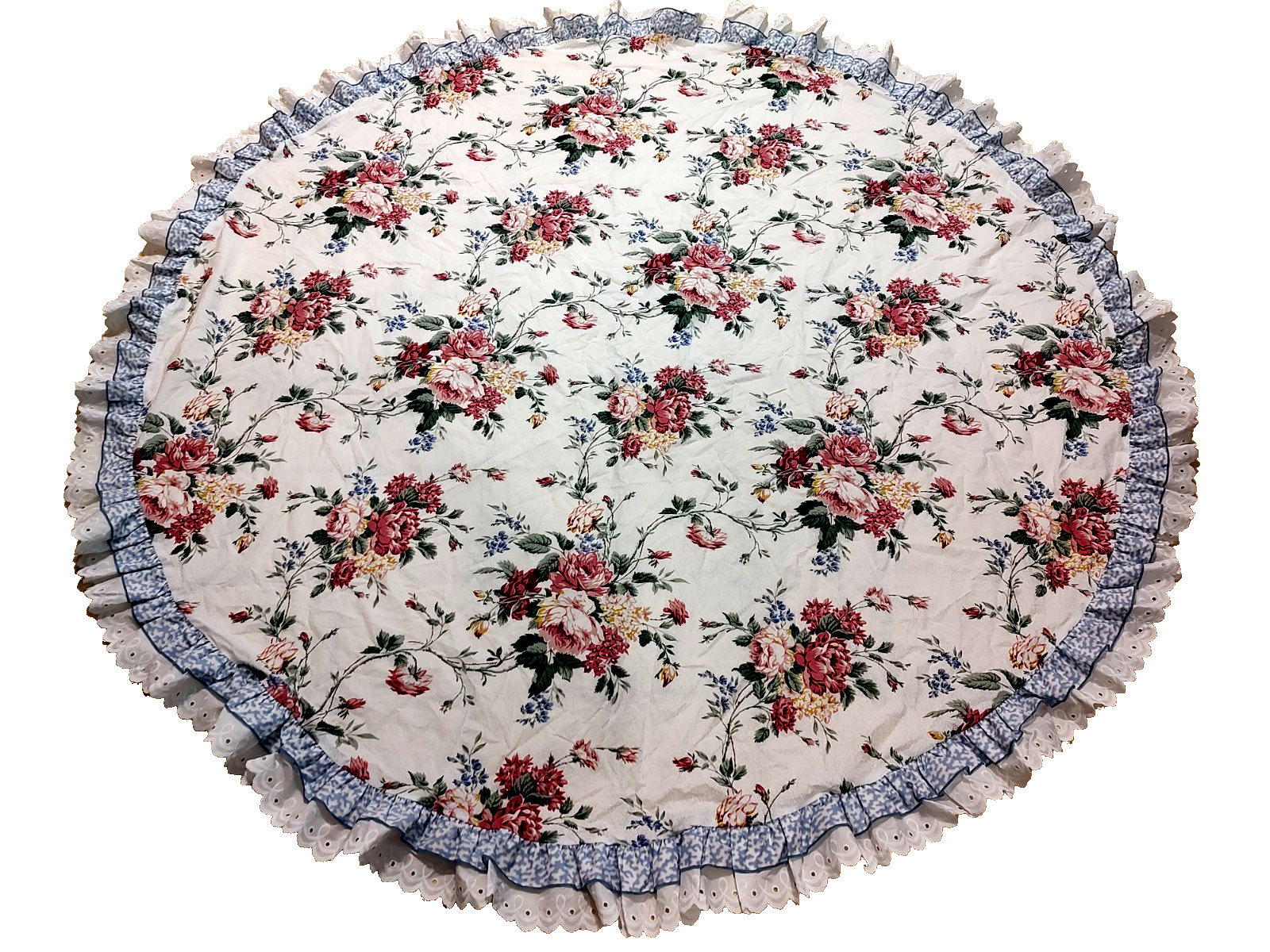 VTG Waverly Belle Rive Round Floral Tablecloth 70" Ruffled Eyelet Cottage Rare gallery