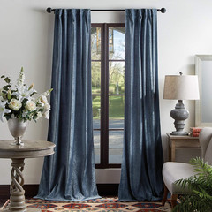 Navy Naples Chenille Back Tab Window Curtain Panel Pair, 84″ Long