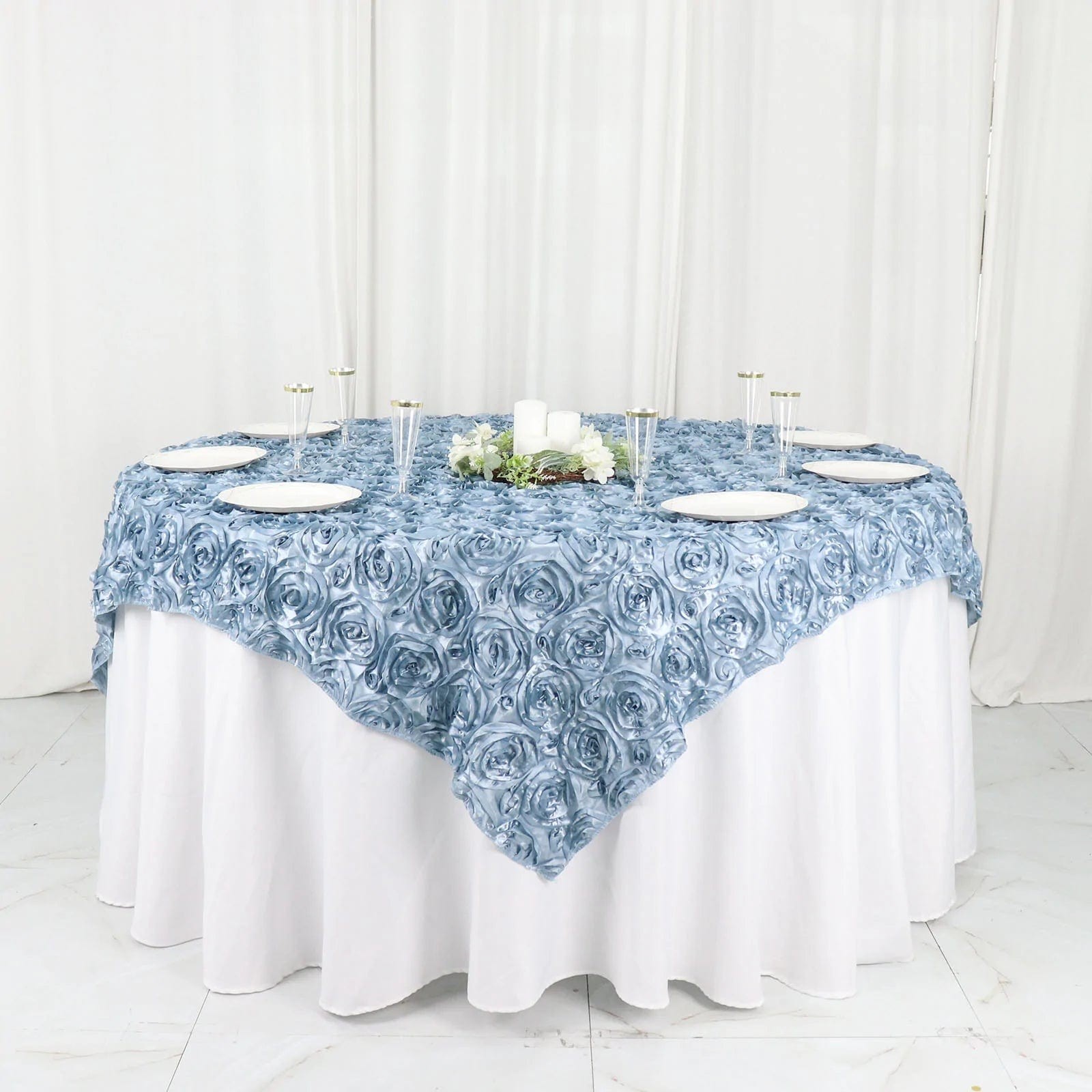 72x72" Dusty Blue SATIN Raised Roses TABLE OVERLAYS Unique Light Gray Party gallery
