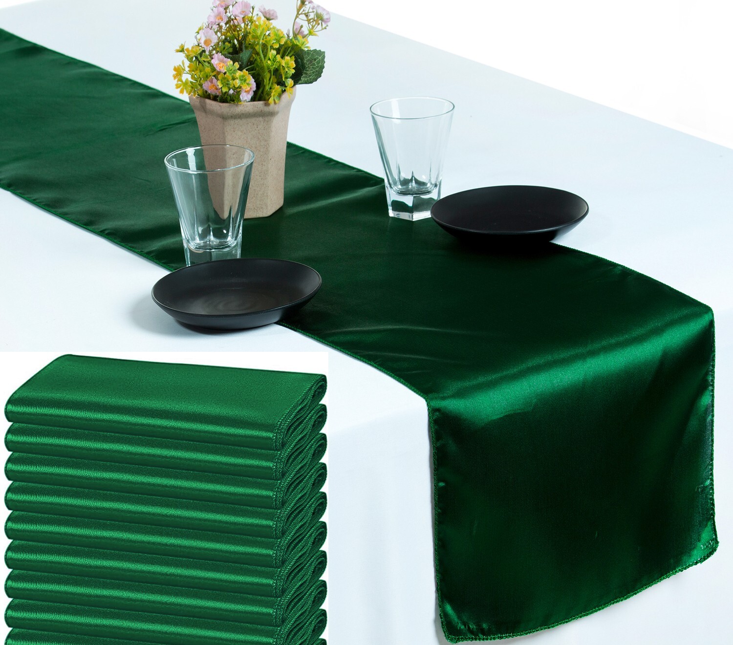 10 Hunter Green Satin Table Runner 12" X 108" Wedding B'day Party Table decor gallery