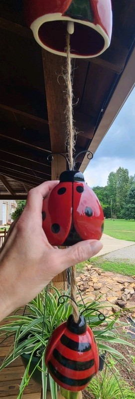 Ceramic Ladybug Wind Chime Red & Black Polka Dots & Stripes Jute String gallery