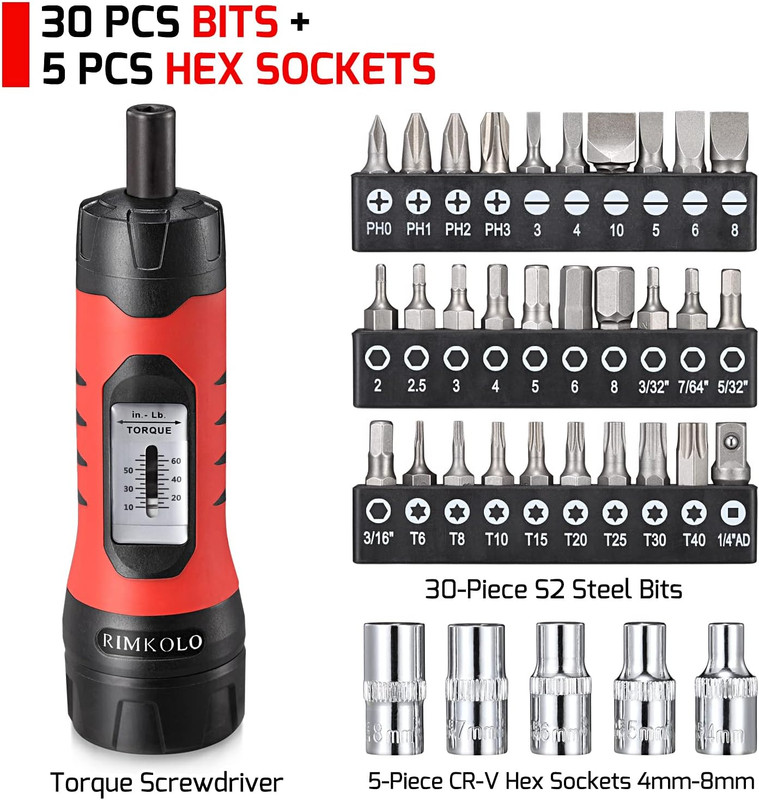 Torque Screwdriver Wrench Set (10-65 In.Lb ±1) with 29 S2 Alloy Bits & 5 Drive S gallery