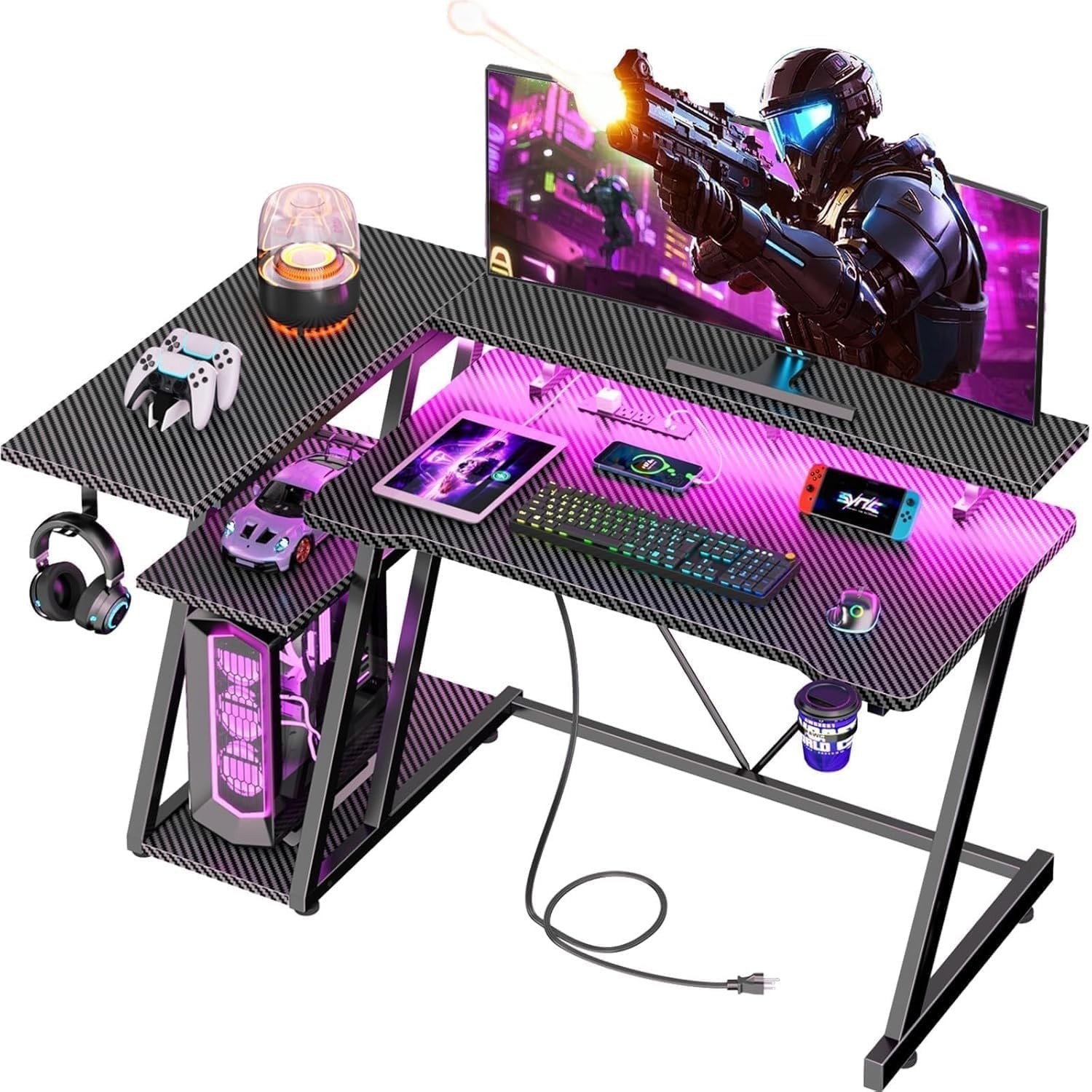 40 Inch Gaming Desk with Power Outlet & LED Lights, L Shaped Computer Gaming gallery